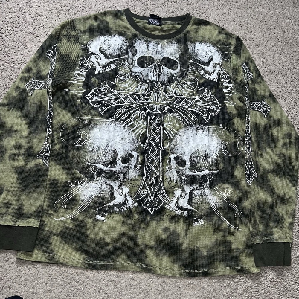 Vintage MMA Elite Thermal Long Sleeve Waffle Knit Skull Cross Tribal Mens XL Y2K